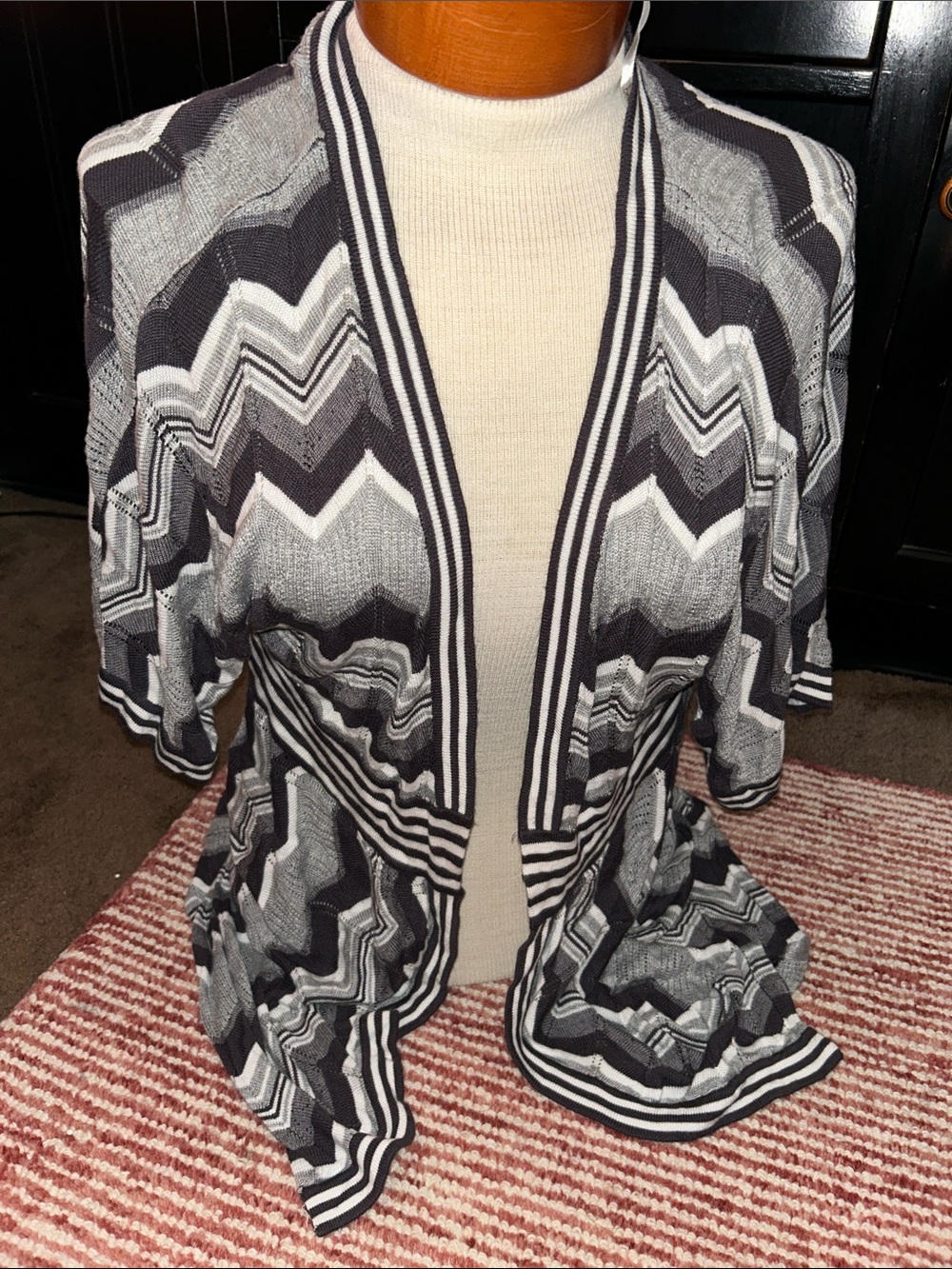 Bellini Chevron Open-Front Cardigan in Black, Gray & White - Picture 1 of 3